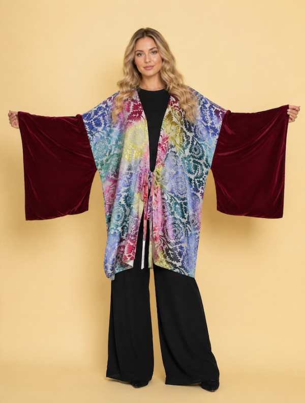 Kimono Geisha mousseline multicolore et manches velours GLITTER