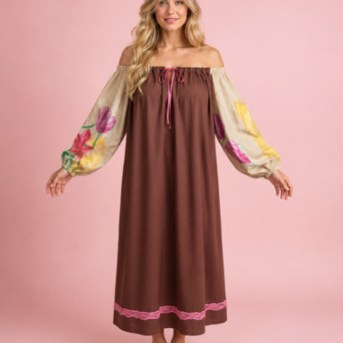 Robe coulissée en coton ,manches peintes à la main