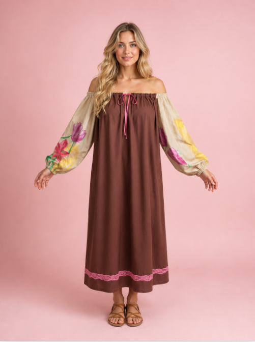Robe coulissée en coton ,manches peintes à la main