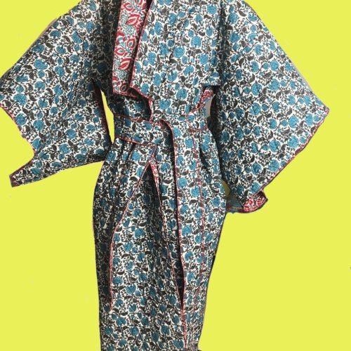 jaipur-bleu-ceinturé Kimono sur mesure conçu et fabriqué par Valérie Touboul | Princesse Wally