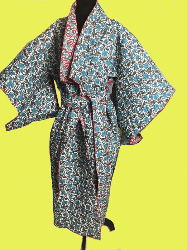 jaipur-bleu-ceinturé Kimono sur mesure conçu et fabriqué par Valérie Touboul | Princesse Wally