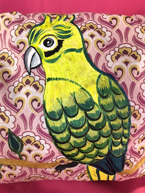 Coussin peint à la main - Perroquet Jaune