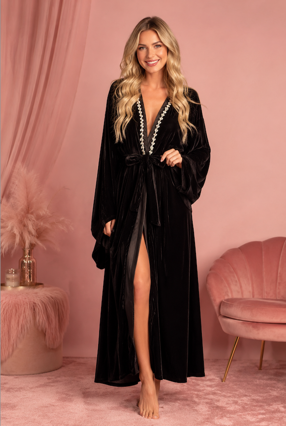 Kimono du soir en velours de soie noir et cristaux Swarosky DIVA