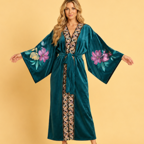 kimono-velours-peint-alamain Kimono / manteau en velours doublé, manches peintes à la main Cézanne