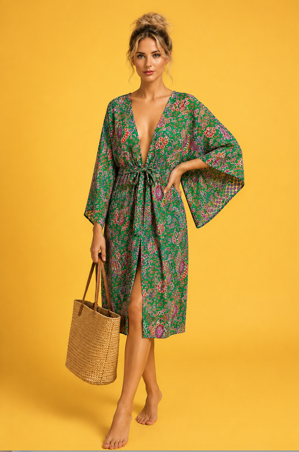 Kimono satiné imprimé et galon Ondine