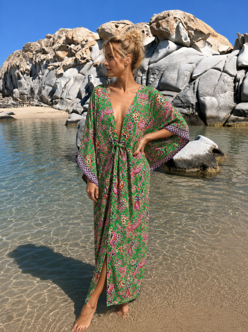 Kimono satiné imprimé et galon Ondine